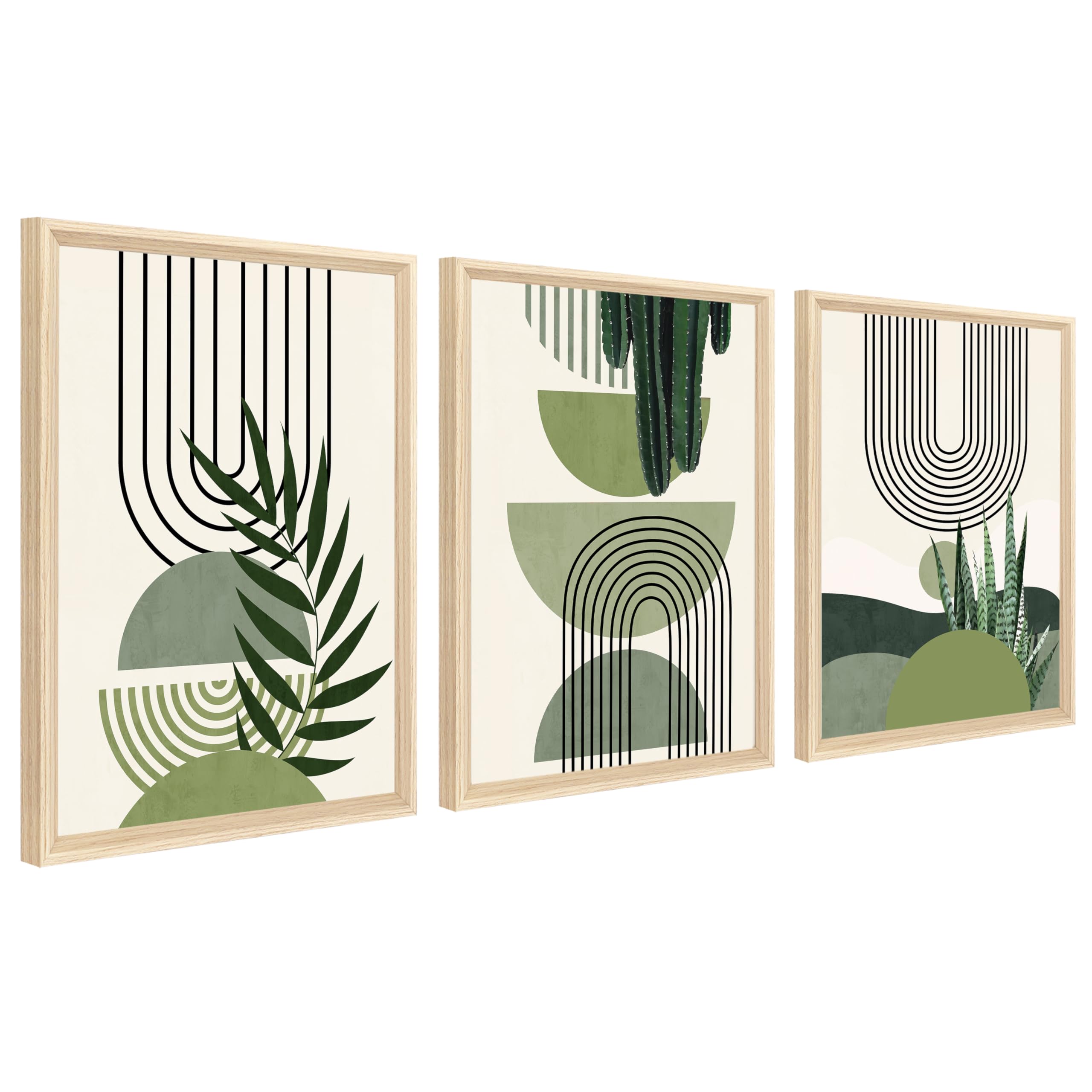 3 Pcs Framed Canvas Wall Art Abstract Botanical Green Leaf Canvas Prints Geometric Line Beige Green Pictures for Living Room Bedroom Kitchen Hallway Wall Decor 90x40cm(12"x16"x3pcs) (No Plexiglass)