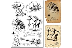 CRASPIRE Horse Western Rubber Stamp Cowboy Boots Hat Guitar Flowers Clear Transparent Silicone Seals Stamp for Journaling Card Making DIY Scrapbooking Handmade Photo Album Notebook Decor Needlework