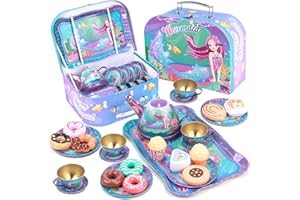 Golray 27 Piece Children's Tea Party Set for Little Girls Mermaid Gift Pretend Toys Tin Tea Set and Carrying Case and Food Dessert Playset, Princess Tea Time Kitchen Pretend Toys Tea Set