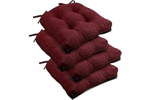 downluxe Indoor Chair Cushions for Dining Chairs, Tufted Overstuffed Textured Memory Foam Kitchen Chair Pads with Ties and Non-Slip Backing, 15.5" x 15.5" x 4", Burgundy, 4 Pack