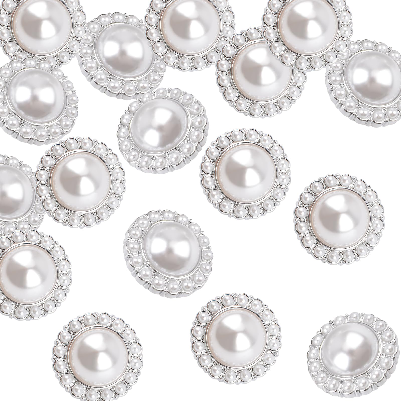URROMA 30 Pcs Faux Pearl Buttons, Silver Retro Vintage Pearl Acrylic Buttons Round Crystal Buttons Sew on Buttons Embellishments for DIY Crafts, 23 mm