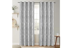 BUHUA Blackout Curtains 84 inch Length 2 Panels Set - Energy Efficient and Noise Reducing Curtains for Bedroom with Wave Striped Foil Print (52 x 84, Silver Grey