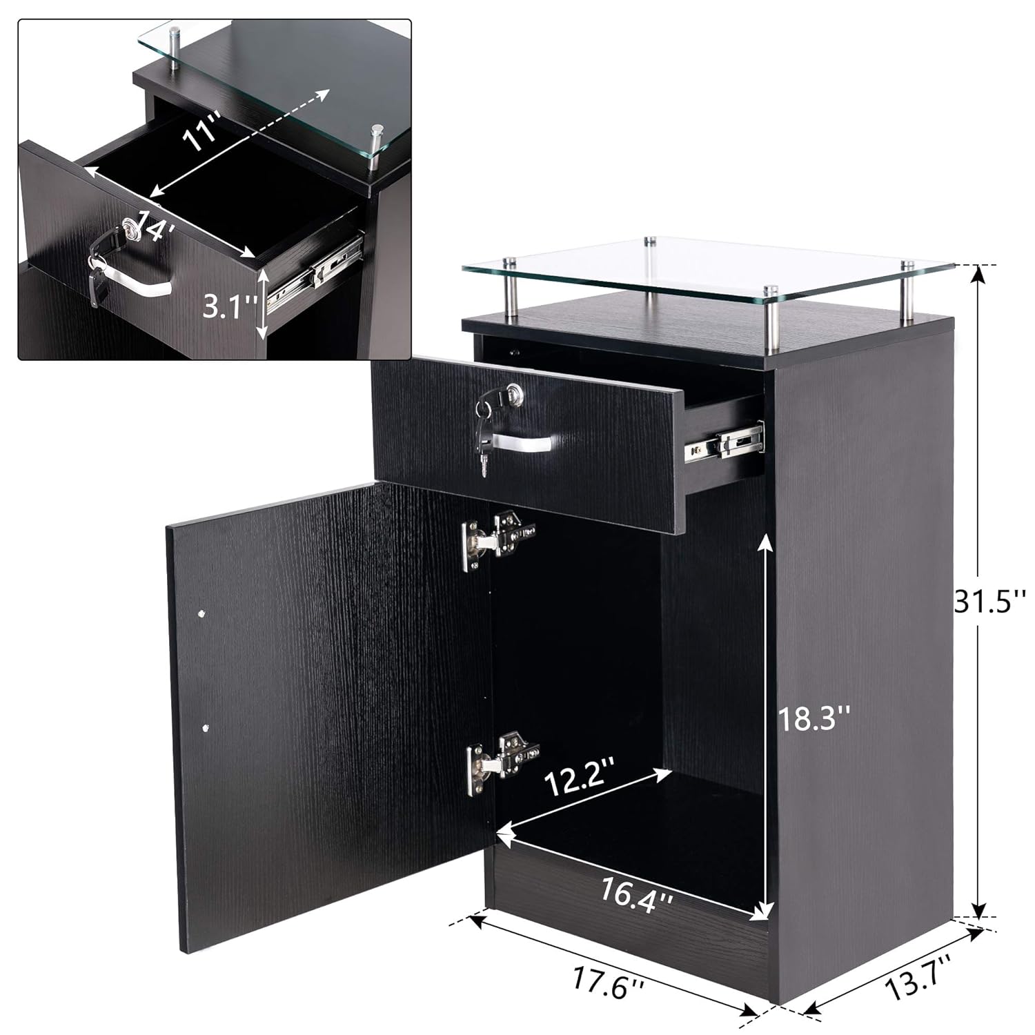 BarberPub Salon Storage Station Cabinet Locking Drawer Beauty Stylist Equipment Glass Top 3015 (Black): Beauty