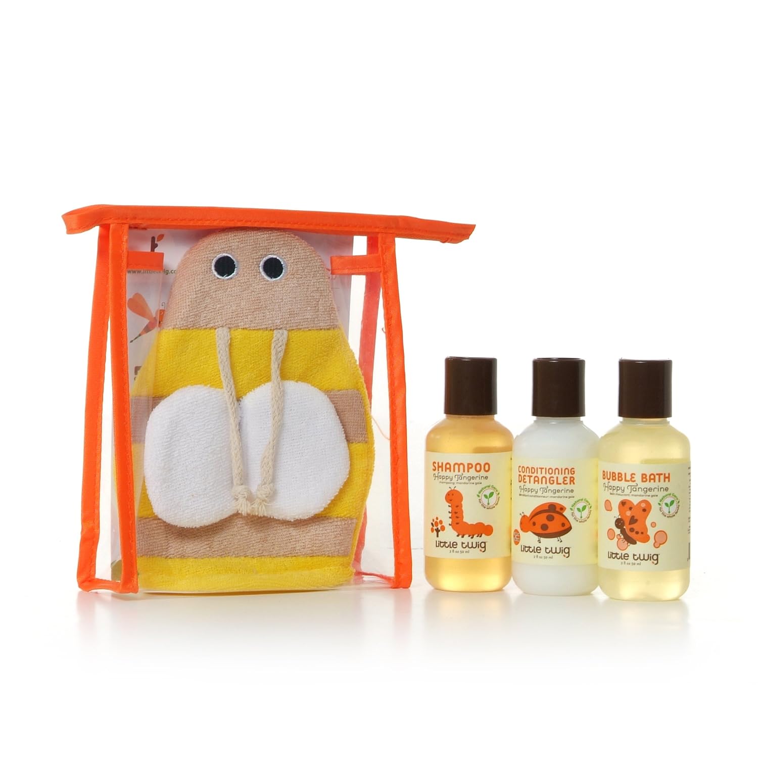 Little Twig Baby Travel Basics All Natural, Hypoallergenic 4 Piece Gift Set with Bumblebee Bath Mitt, Happy Tangerine, 2 Ounce Bottles