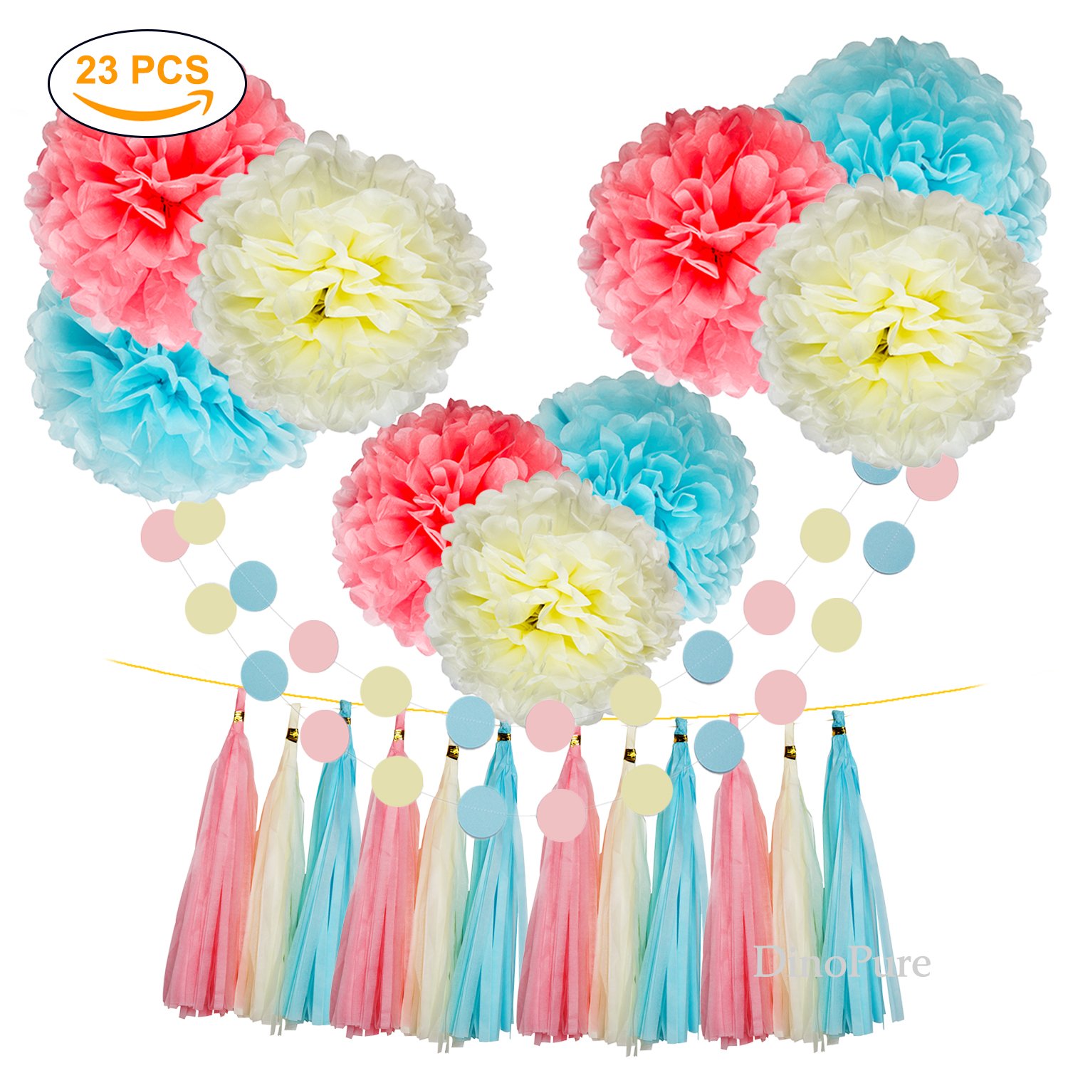 Tissue Paper Flowers Pom Poms Party Decorations Blue Yellow Pink Tassel garland for Baby Girl Unicorn Birthday Party Supplies Bridal Shower Decorative Decor 100% Premium Paper