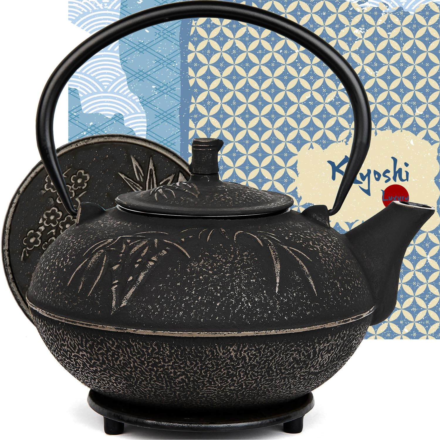 Photo 1 of XXL Japanese Cast Iron Teapot with Infuser & Matching Trivet - Large 85 Oz/2500ml Tetsubin Loose Leaf Tea Pot with Enamel Interior - Handcrafted Big Cast Iron Tea Kettle Humidifier Set - Black