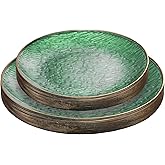 PLASTICPRO 24 Pieces Elegant Plastic Plates for Party Green with Gold Rim Includes 7" inch and 10" inch Fancy Plastic Plates Disposable Dinnerware