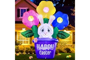 Deekom 2024 New 5FT Easter Inflatable Bunny Outdoor Decorations with Flower Basket, Build-in LED Lights Holiday Blow Up Yard Decoration, for Easter Holiday Party, Outdoor,Garden, Yard Lawn Décor