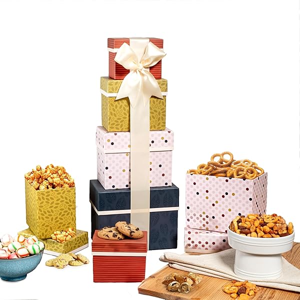 BROADWAY BASKETEERS GIFT BASKET TOWER FOR BIRTHDAYS, APPRECIATION, THANK YOU, GET WELL SOON, SYMPATHY, CARE PACKAGE, COLLEGE, FATHERS DAY, FOOD DELIVERY FOR WOMEN, MEN
