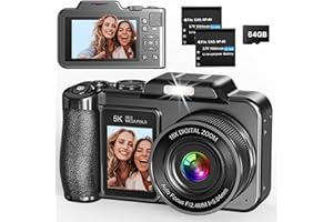 FOUNISSA Digital Camera, 5K 80MP 3.5"+2" Dual Screen Cameras for Photography Autofocus, 18X Digital Zoom Vlogging Camera for YouTube, Travel, Beginners, Include 64GB Card and 2 Batteries, Black