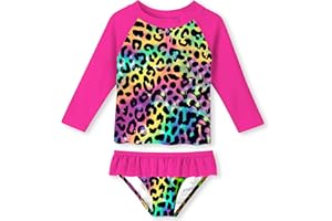 uideazone Little Girls 2-Piece Swimsuit Set Long Sleeve Rash Guard Bathing Suit with UPF 50+ Sun Protection