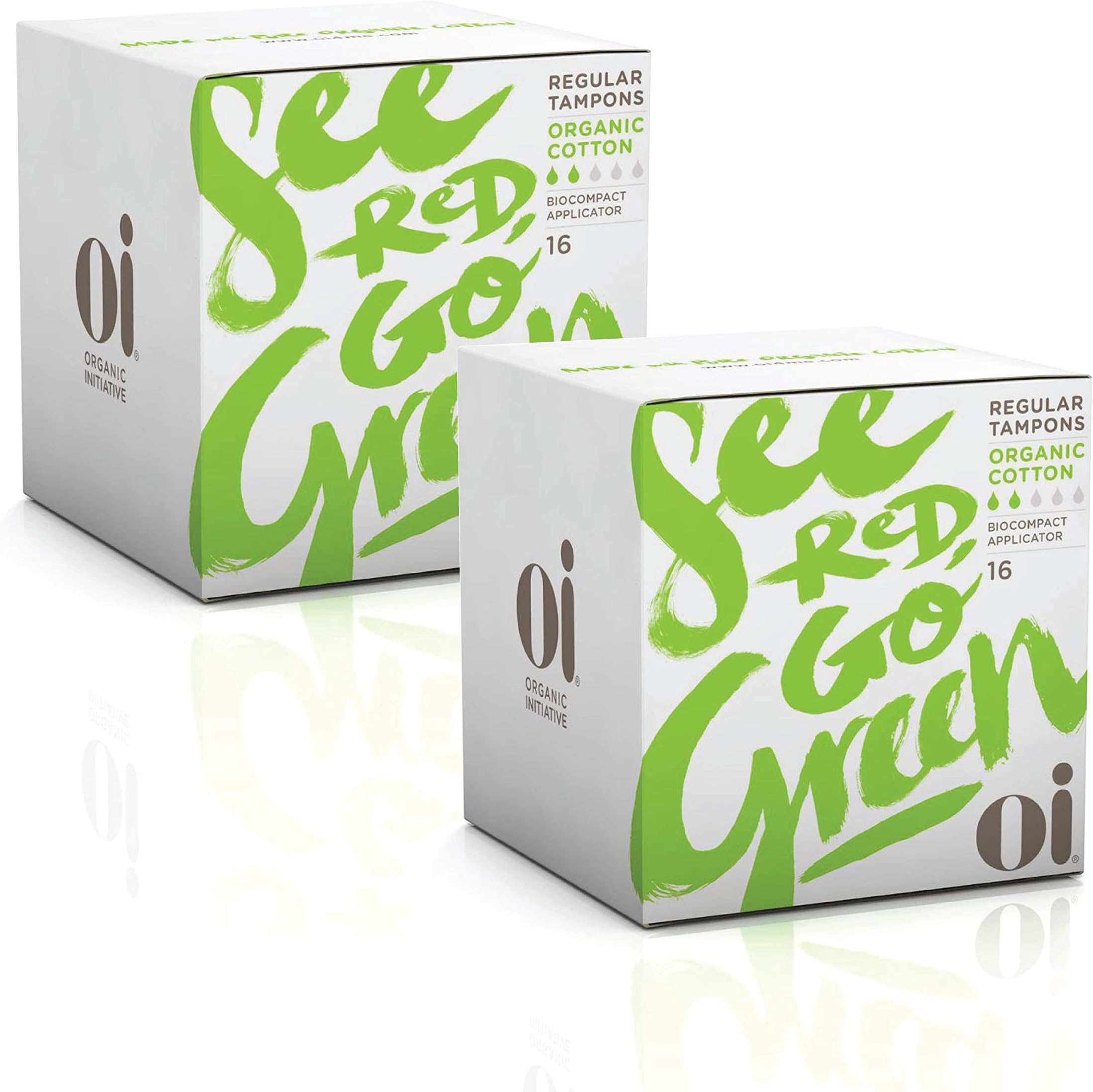 Oi | Organic Initiative - Tampons | Regular Absorbency | Organic Cotton, Unscented | Toxin Free, BPA-Free, Plant-Based Biocompact Applicator | 2x16 Packs (32 Count) - Packaging May Vary