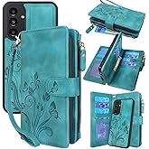 Lacass Compatible with Samsung Galaxy A13 4G LET /5G Case [12 Card Slots] ID Credit Cash Holder Zipper Pocket Detachable Magnet Leather Wallet Cover Wrist Strap Lanyard (Floral Blue Green)