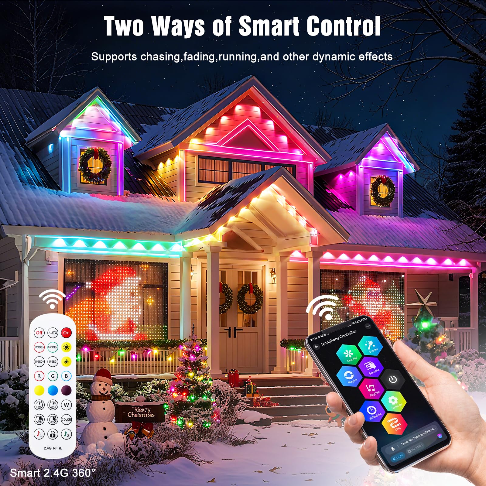 JOH Permanent Outdoor Lights, 100FT RGB+IC Smart LED Outdoor Lights with App/Remote Control, DIY Scene Modes Lighting & IP67 Waterproof, Eaves Light for Christmas, Holiday, Daily Decorations