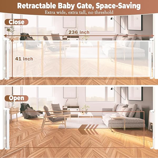 236″ RETRACTABLE BABY GATE EXTRA WIDE, 41″ TALL RETRACTABLE DOG GATE FOR STAIRS, DOORWAYS, DECKS, MESH GATE LONG CHILD GATE PET GATE FOR INDOOR, OUTDOOR, WITH REINFORCED MESH RODS, DUAL LOCKS