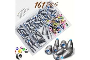 DAMIDEL 161Pcs/Box Worm Fishing Sinker Weights Kit with Soft Plastic Core（20g,14g,10g,7g,5g,3.5g Mixed, 61Pcs Bullet Lead Fishing Weights, 100 Pcs Eye Beads Bait, Don't Hurt Line Texas Rig