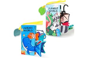 BAOBRAVA Baby Books with Teether, Baby Cloth Book, Sensory Book, Infant Newborn Tummy Time Crinkle Book, Baby Books 0-6 Months, Touch Feel Book Gift for Boys Girls-2 Pack