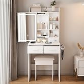 Legendstone Small Vanity Desk with Mirror and Lights, Makeup Vanity Table with Power Outlet &amp; 2 Drawers &amp; 6 Shelves &amp; Stool,Dressing Table Set for Bedroom, Brightness Adjustable, White