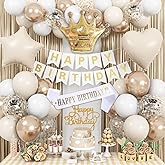 White & Gold Birthday Decor - Cream Champagne Gold Balloons, Banner, Foil Balloons, Fringe Curtain for Boho Party Supplies