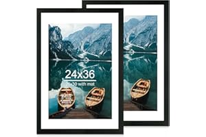 Hongkee 24x36 Poster Frame Set of 2, Rustic Black Wood Style - Display 24 x 36 Poster without Mat or 20x30 Picture with Mat, Wall Mounting Horizontal and Vertical