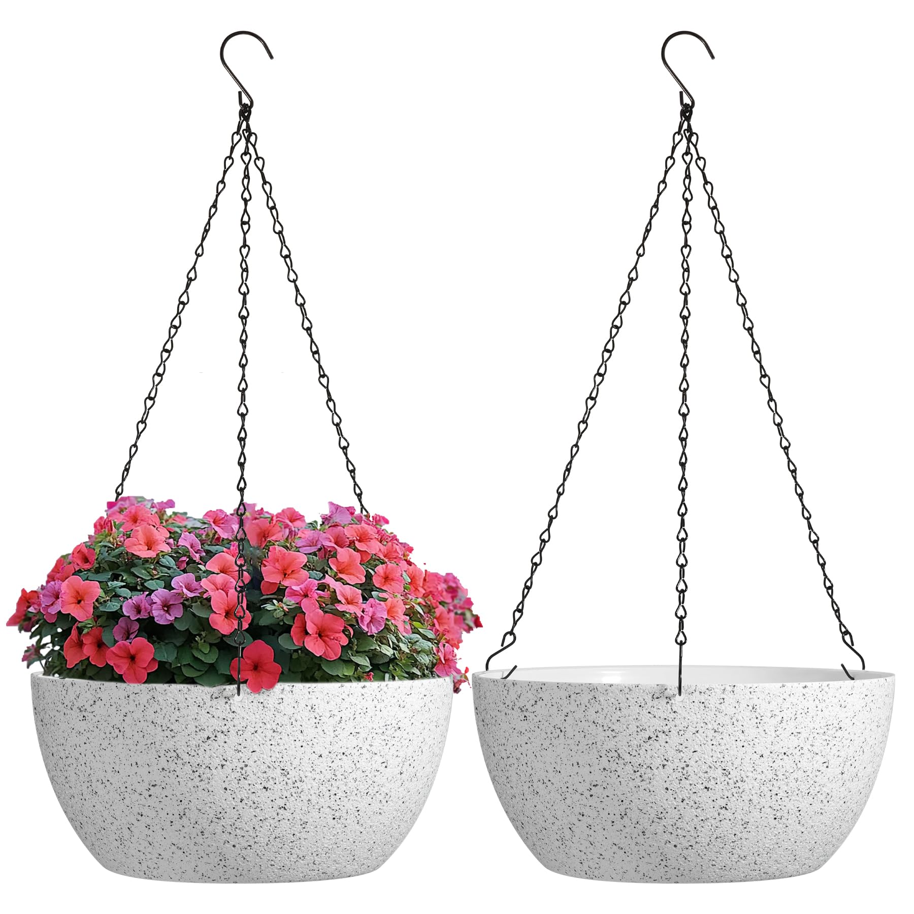 T4U Plastic Hanging Baskets 2-Pack - 12 Inch Large Hanging Flower Planter with Drainage Hole for Indoor Outdoor Plants, Round Plant Pot for Home Garden Porch Balcony Patio Decor (White) Image