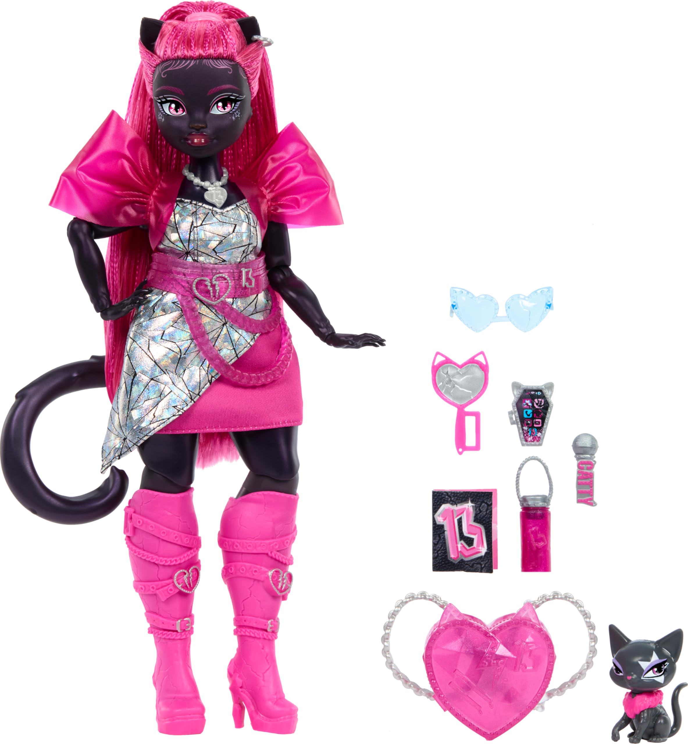 Monster High Catty Noir Doll, Werecat with Pet Cat Amulette & Accessories Like Backpack, Music Book, Microphone & More