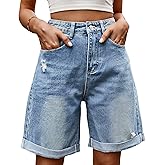 Ozkake Women's High Waist Long Jean Shorts for Women Girls Denim Shorts Ripped Distressed Jeans Short