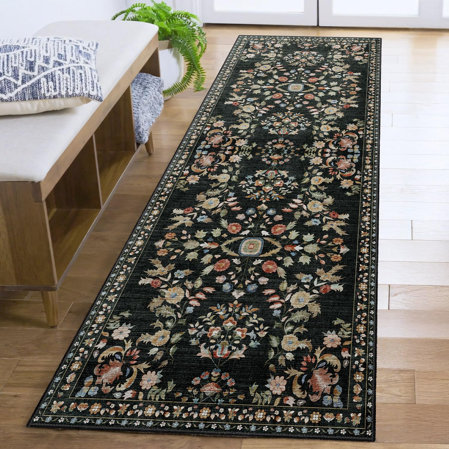 Photo 1 of MUJOO Washable Runner Rug for Kitchen Hallways,2x6 Runner Rug Non Slip,Floral Carpet Runner for Bathroom Bedroom Laundry Floor,Long Mat Boho Indoor Vintage Low Pile Black