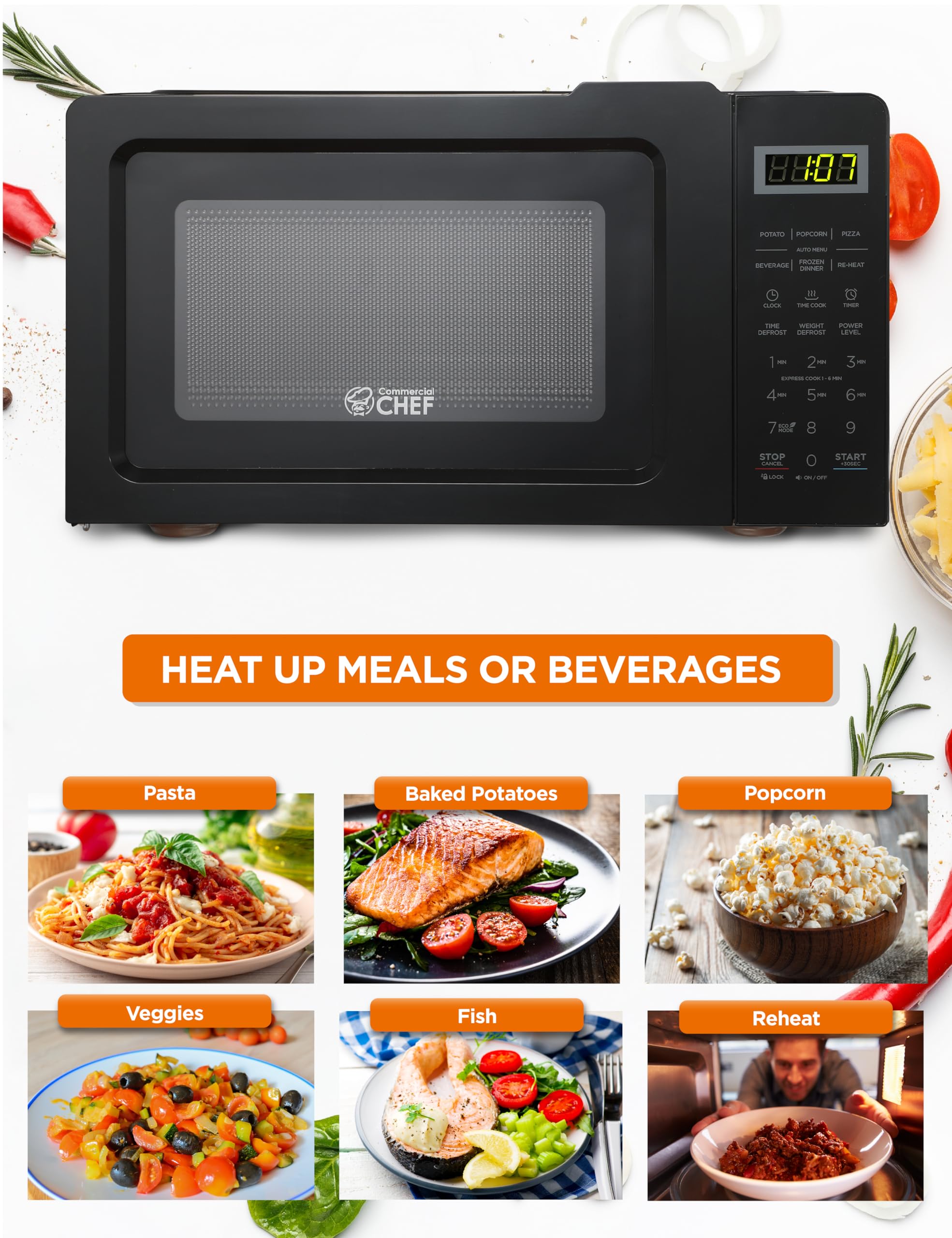 COMMERCIAL CHEF 0.7 Cubic Foot Microwave with 10 Power Levels, Small