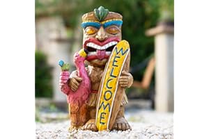 EPTUEGA Outdoor Tiki Statue with Surfboard Flamingo-Solar Garden Decor - Tiki Man with Automatic Switch On Flickering Eyes LED Light for Tiki Bar Decorations, Patio, Balcony, Yard,Lawn,Gifts