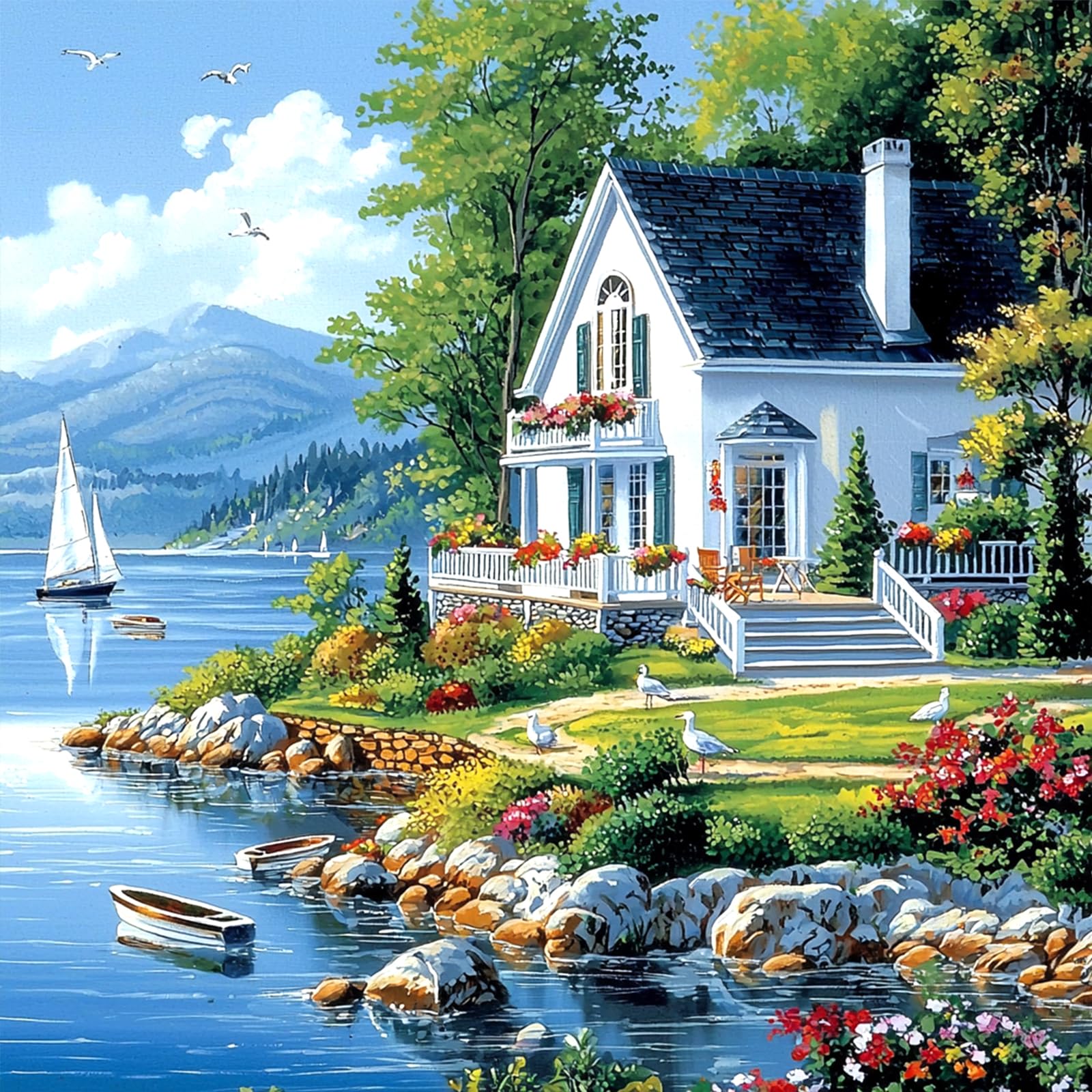 MAXBYE Paint by Numbers Kits for Adults Landscape, Painting by Numbers on Canvas, Lakeside House DIY Colors Oil Painting with Paint Brushes Acrylic Pigment, Home Decor Gifts Without Frame 40x40 cm