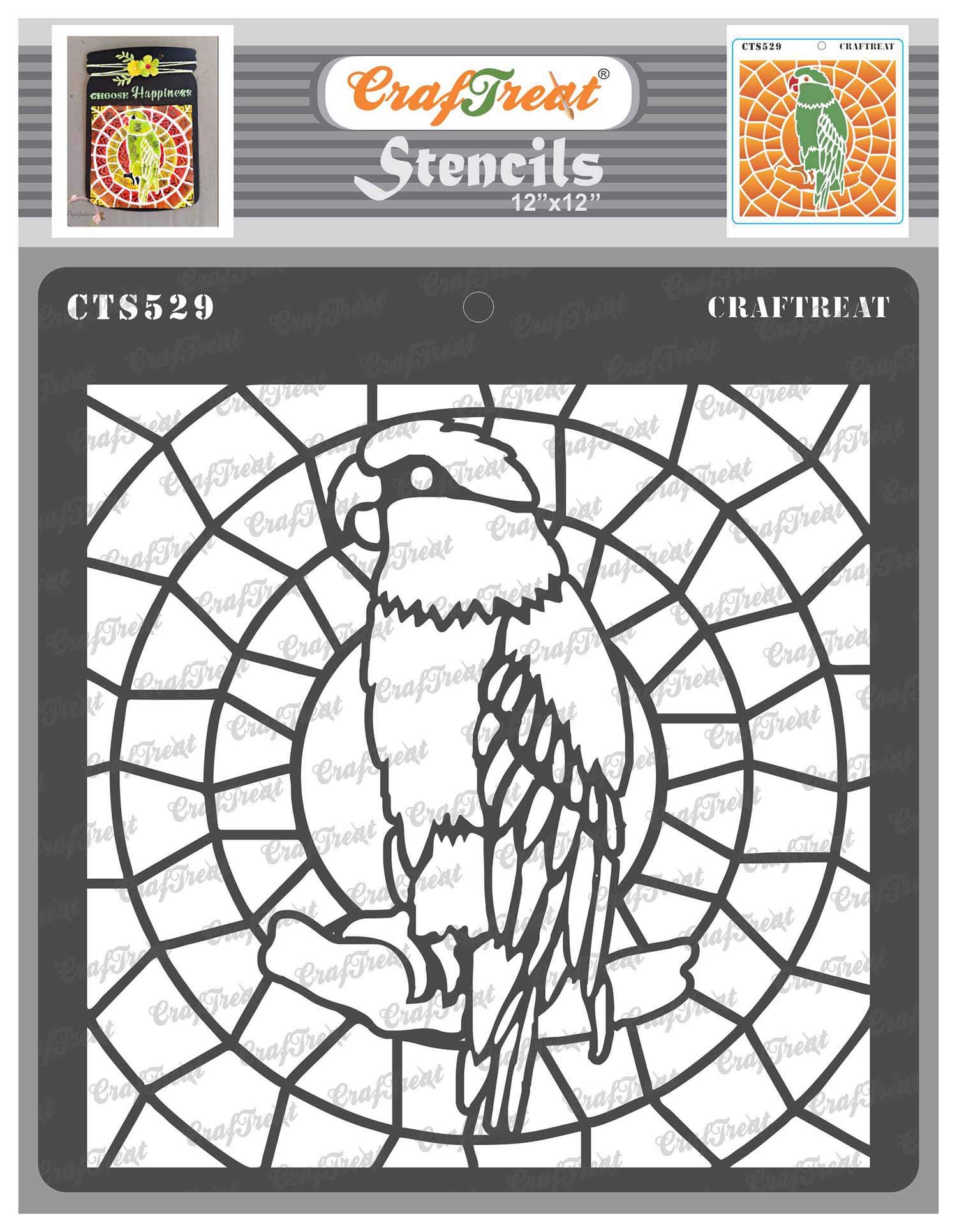 CrafTreat Reusable Bird Stencils for Crafts Vintage - Stained Glass Macau - Size: 12X12 Inches - Parrot Stencil for Painting on Concrete, Glass, Canvas, Fabric, Wood and Wall