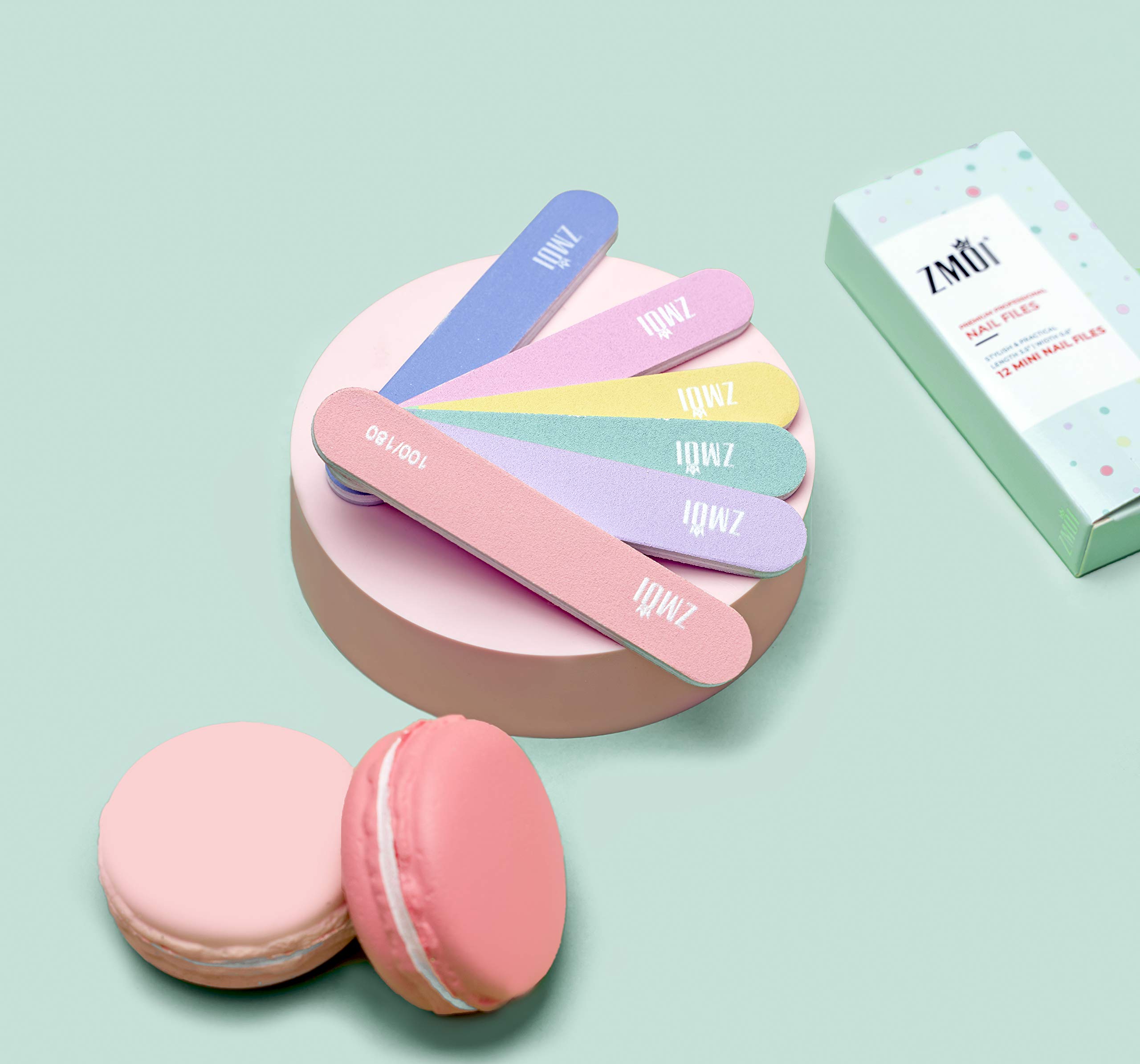 Professional Mini Nail File – 12 Stylish - Practical Fingernail File Pack for Natural and Acrylic Nails 100/180 Emery Boards (Macaroon Color)