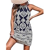 CUPSHE Women's Boho Mini Dress Halter Sleeveless Paisley Self Tie Back Summer Casual Beach Dress