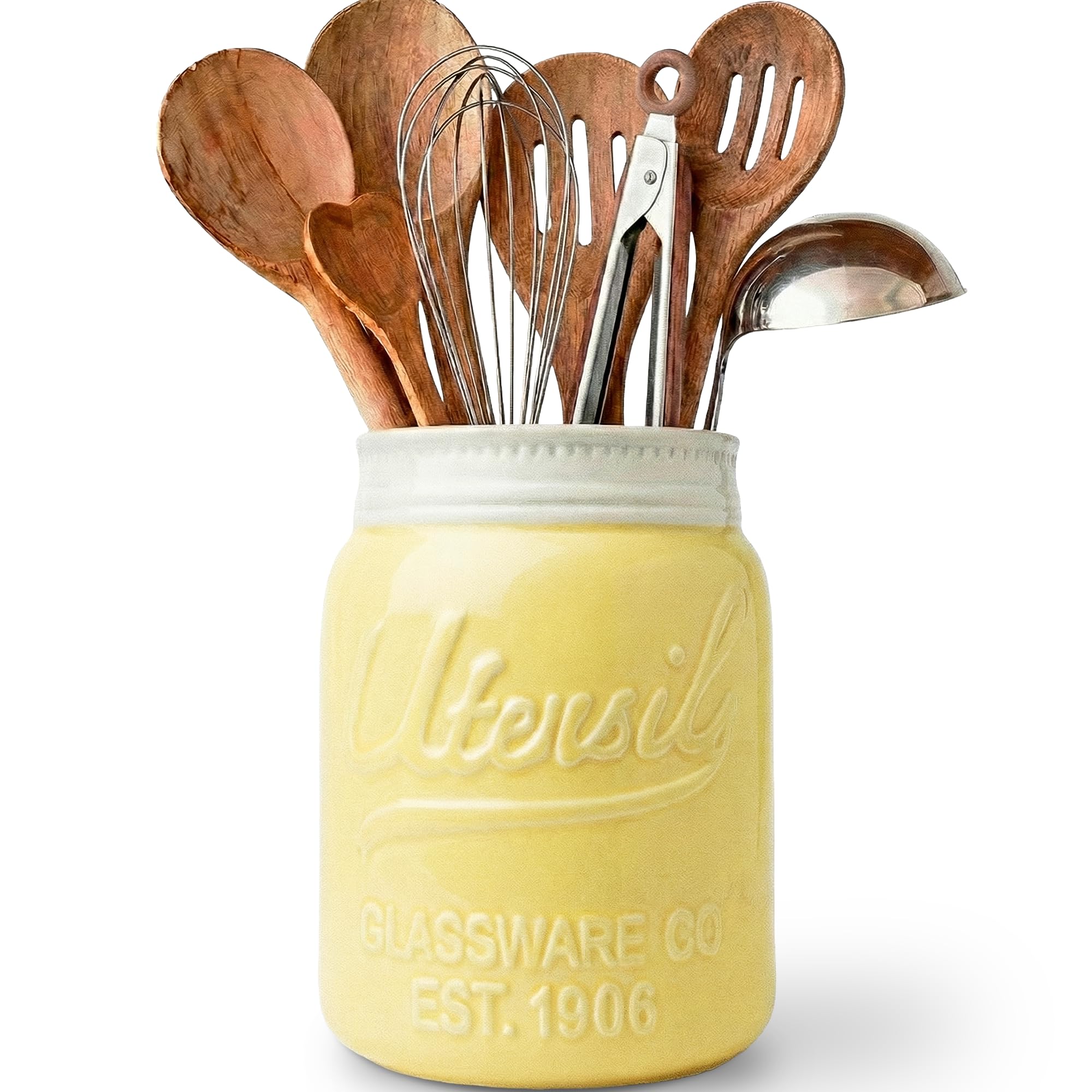 Comfify Wide Mouth Utensil Holder Decorative Kitchenware Organizer Crock, Chip Resistant Ceramic - Perfect Cookware Gift - Yellow, Large Size