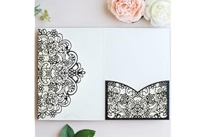 Hosmsua 5.12 x 7.2 50PCS Black Glitter Wedding Invitation Pocket with Envelopes, Laser Cut Lace Flora Invitation for Wedding 