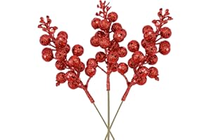 Joiedomi 18 Pcs Christmas Artificial Glitter Berry Stem Ornaments, 10” Decorative Bead Sticks, Glittery Twigs, Branches for Christmas Tree Decor, Wreath DIY, Small Vase Decor,Party Supplies (Red)