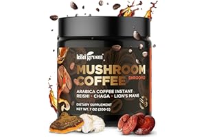KIKI Green Mushroom Coffee - Instant Arabica Brew with Reishi, Chaga, Lion's Mane - Everyday Alternative for Focus, Energy, Immunity - 7 oz, 40 Servings
