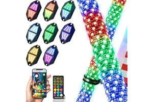 omotor 2PCs 2FT Fat Whip Lights and 8Pods RGB Rock Lights Kit with Bluetooth and Remote Control 360° Spiral Chase Offroad Warning Lighted Antenna LED Whips