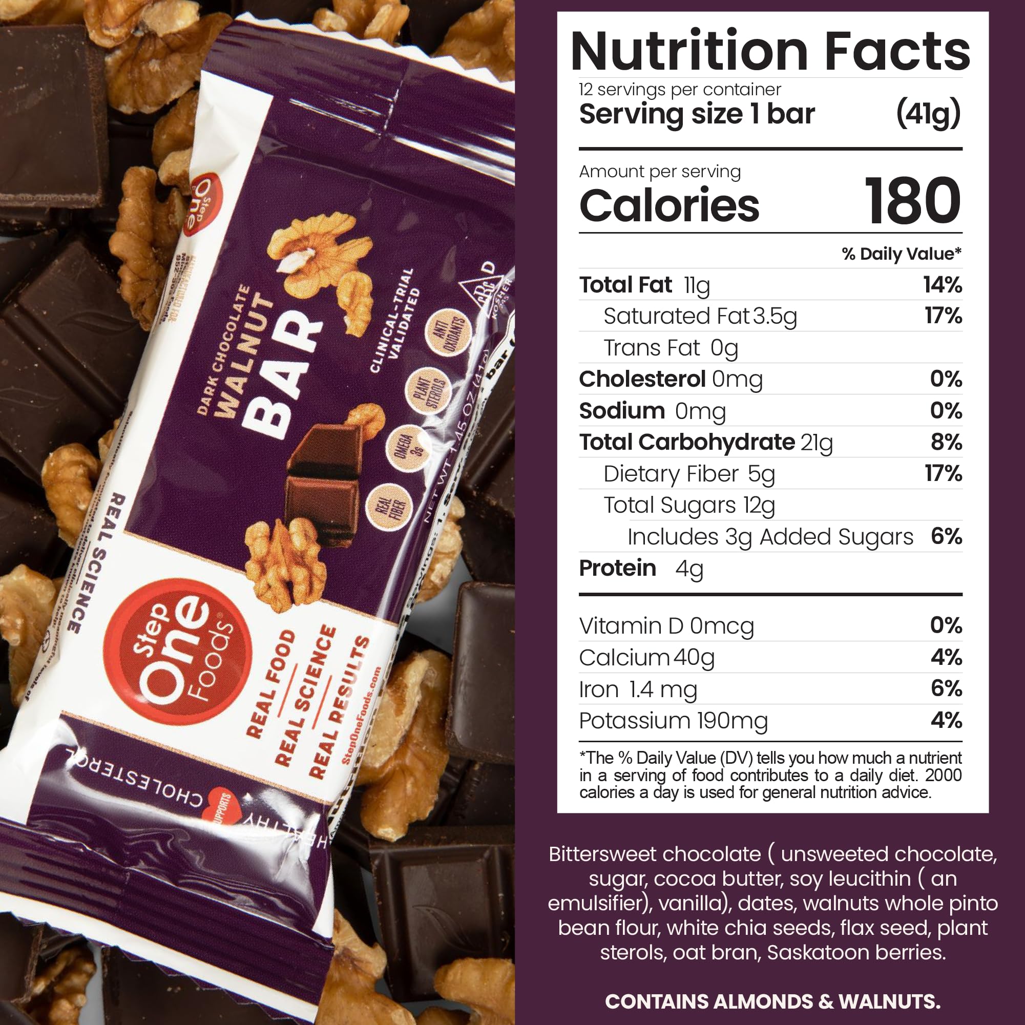 Step One Foods, Dark Chocolate Walnut Bars, Omega 3's and Dietary Fiber Gluten Free, Non-GMO, Vegan, Clinically Proven to help Lower Cholesterol (12 Pack)