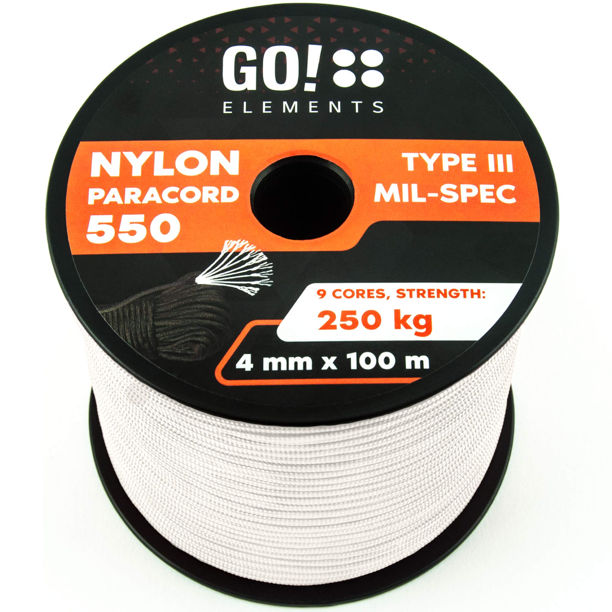 GO!elements 100m Paracord made of Nylon Rope - 4mm Paracord 550 Type III - suitable as Drawstring Cord, Washing Line Rope, etc. | Max. 250kg, Color:White