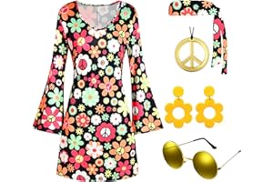 Deerjoke 60s 70s Disco Outfit Hippie Costume Women, 1970 Style Clothes Dress Peace Sign Accessories Jewelry Halloween