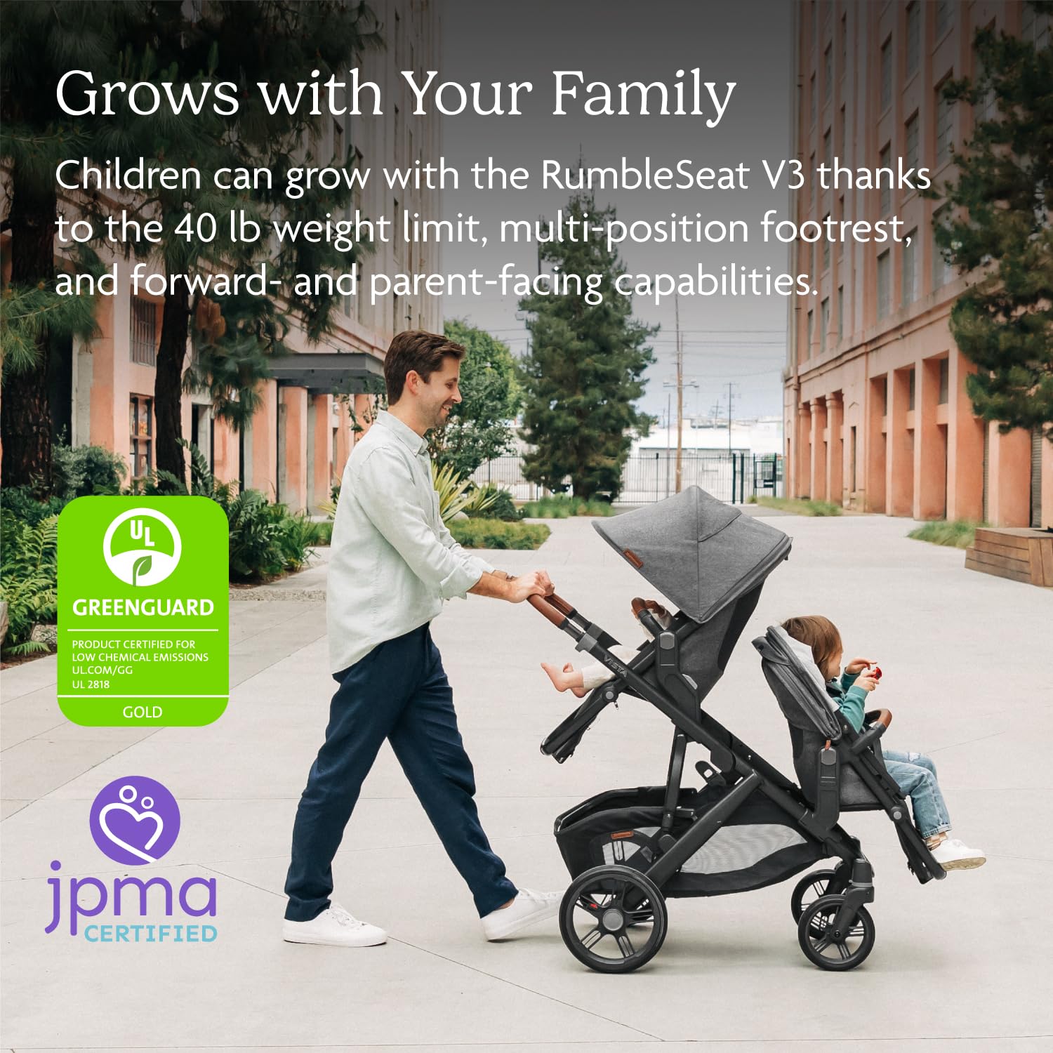 UPPAbaby RumbleSeat V3 Second Lower Seat - Compatible with Vista V2 and Vista V3 - All-Weather Seat + Magnetic Buckle – Adapters Included - Declan (Oat Mélange/Silver Frame/Chestnut Leather)