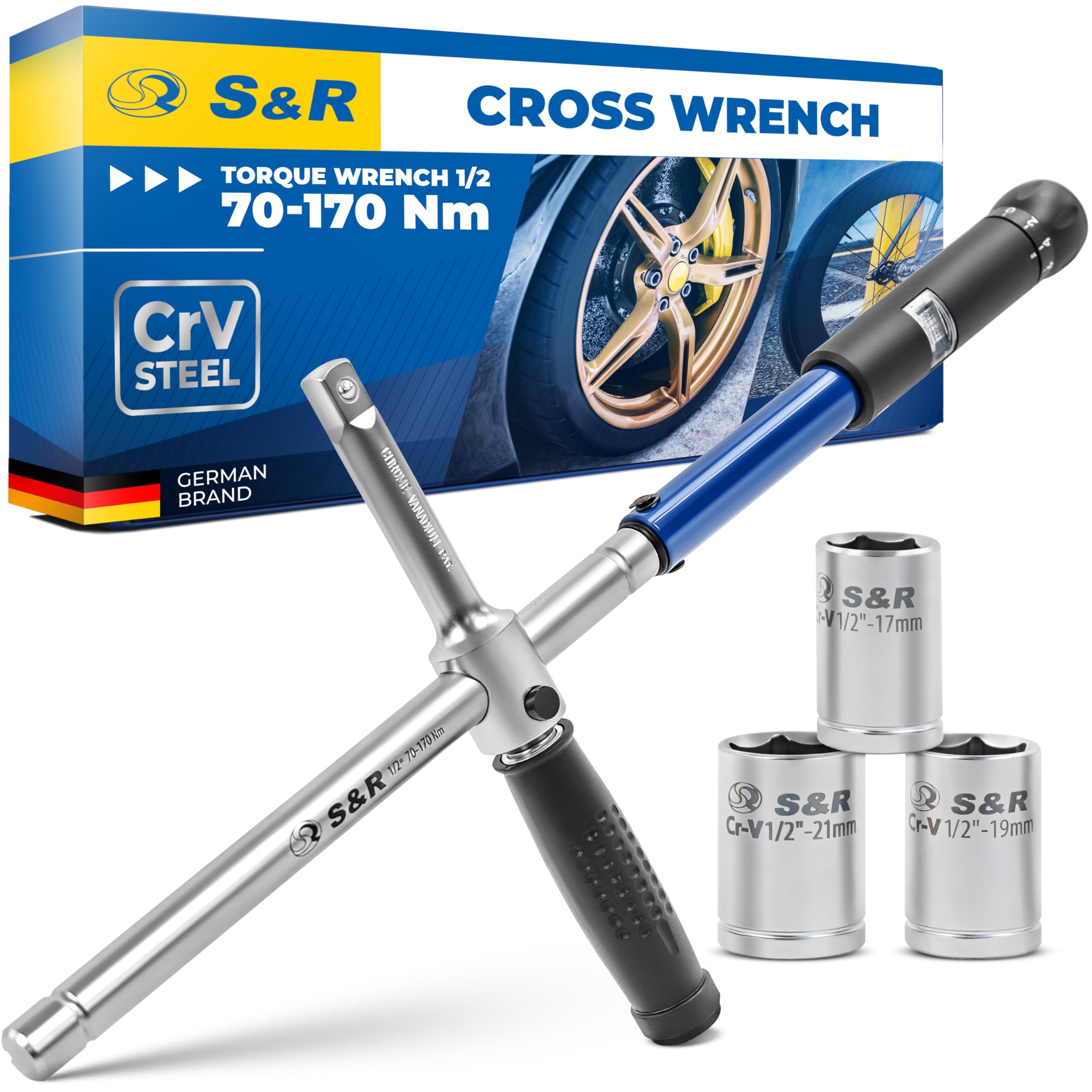 S&R 2-in-1 Cross Wrench & Torque Set 70-170 NM – Patented Design – 1/2" Torque Wrench with 17mm, 19mm, 21mm Sockets – Calibration Certified