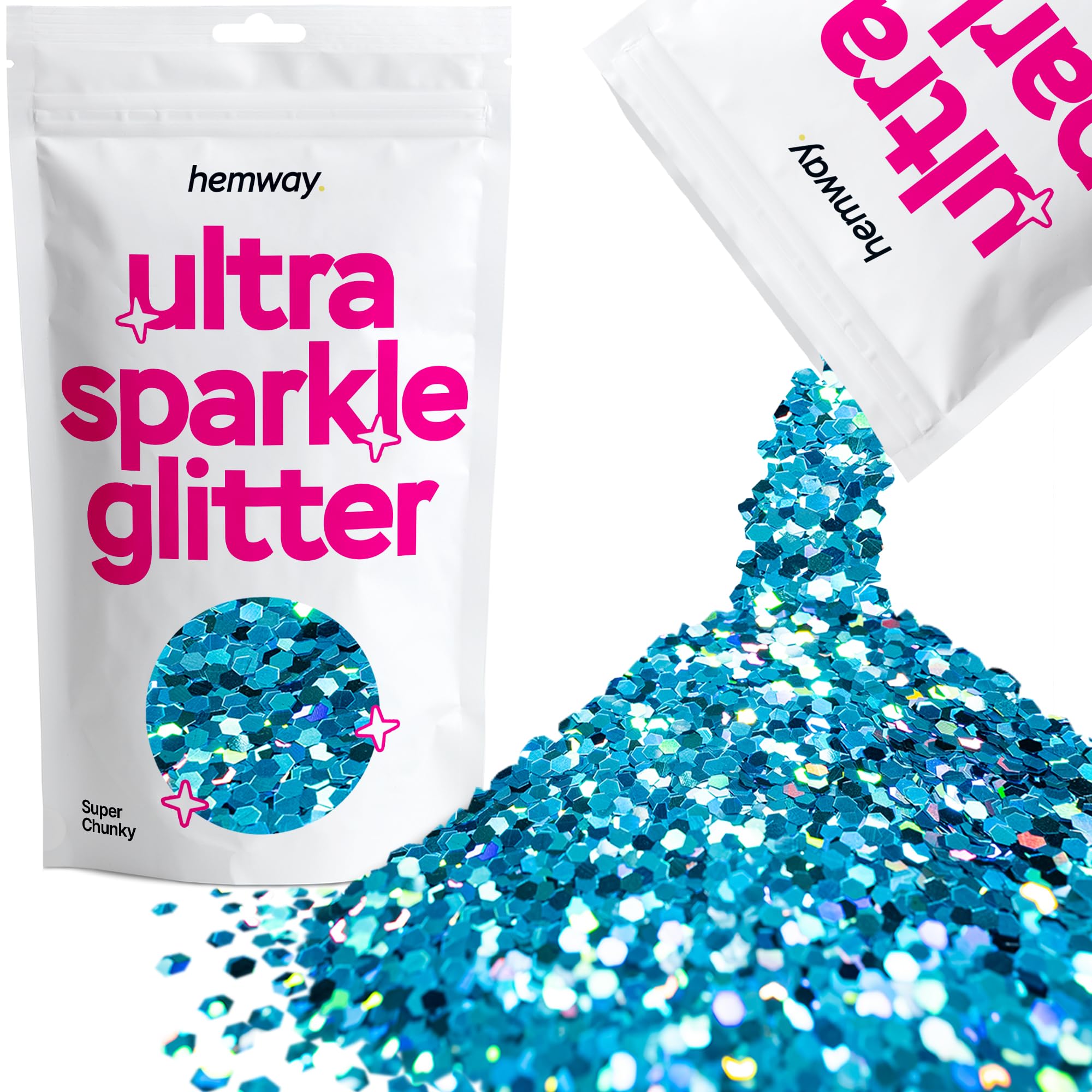 Hemway Ultra Sparkle Glitter Ocean Blue Holographic 100g Super Chunky | Glitter for Arts & Craft, Makeup, Nail Art, Crafting, Card Making, Sparkle Decoration