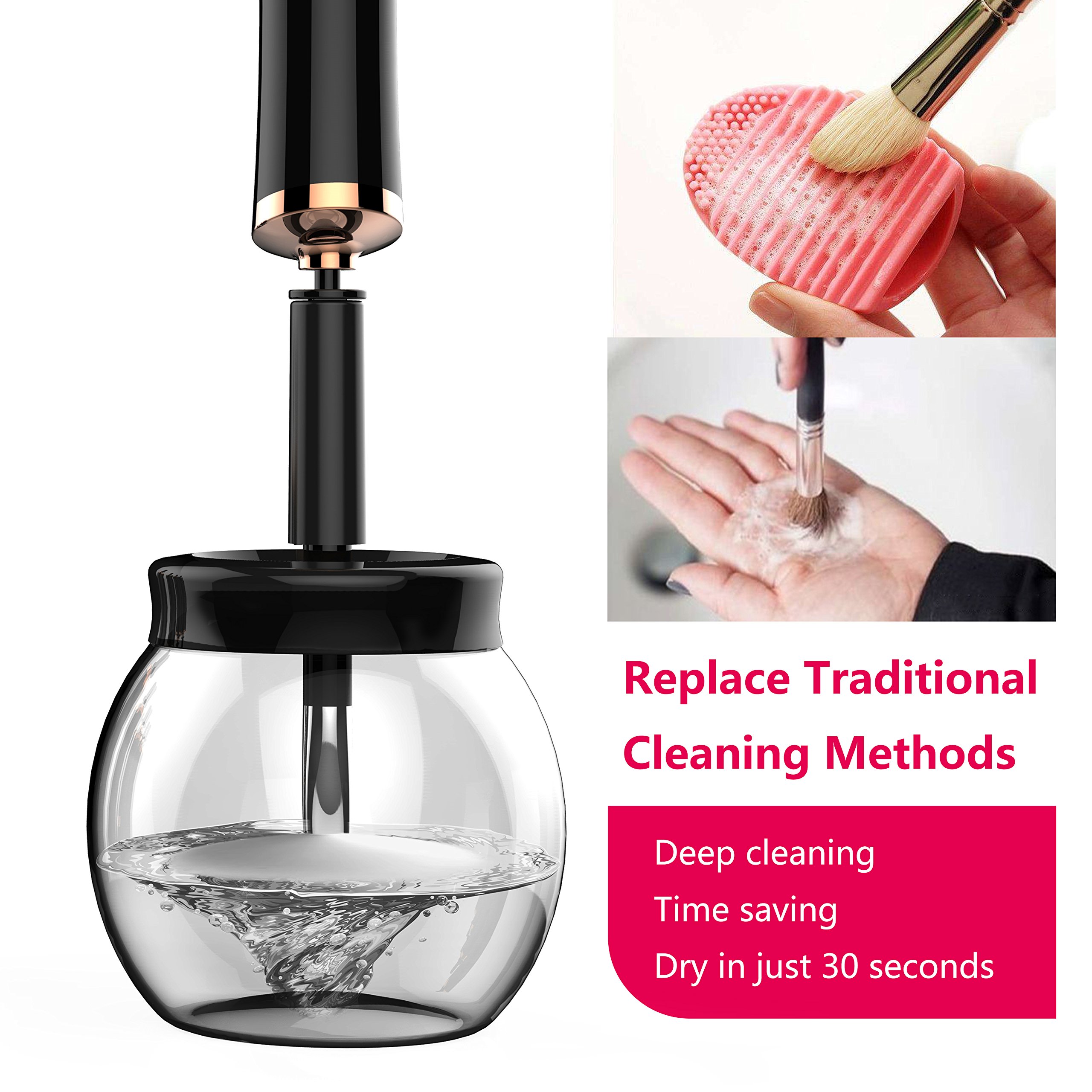 Make Up Brush Cleaner Lammcou Macchina Pulizia del Pennello Completamente Pulito e asciutto in pochi secondi in rotazione a 360 ° con 8 Supporti in Gomma, Adatto per Tutte le dimensioni di Pennelli per il Trucco-Nero