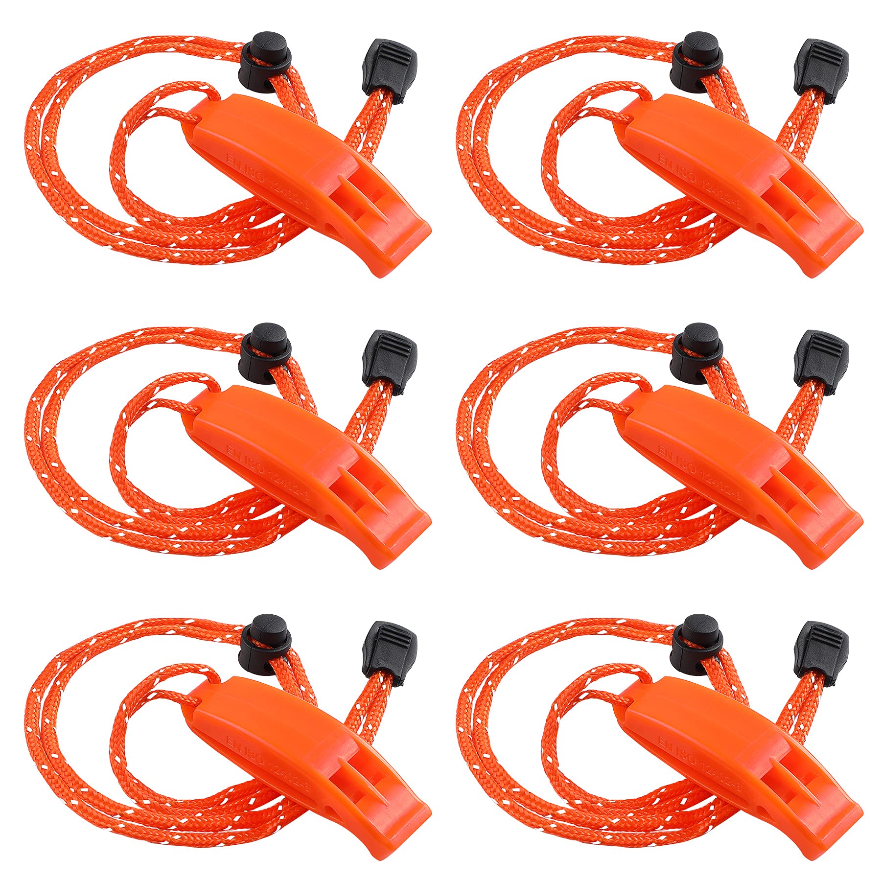JULBEAR 6PCS Safety Survival Whistles with Adjustable Reflective Lanyard Emergency Plastic Whistle