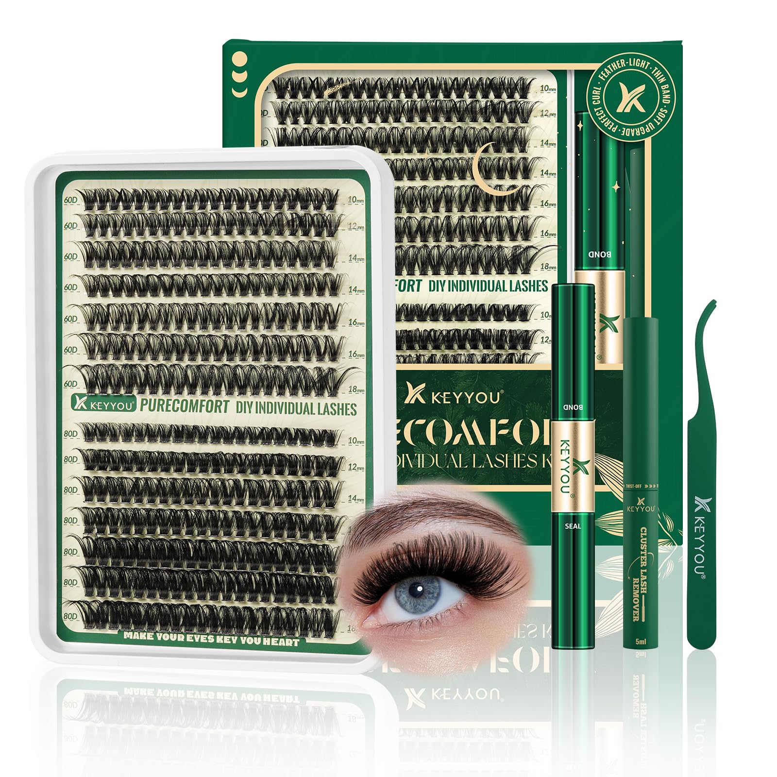 Photo 1 of LASHES ONLY !!! -----------------------------KEYYOU DIY Lash Extension Kit 280pcs Soft Lash Clusters 60D+80D D Curl Easy to Apply with Lash Bond and Seal Lash Applicator Lash Remover Eyelash Extension Kit at Home(RMkit-60D80D-D-10-18mix)