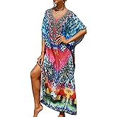 Yanziliu Women's V-Neck Batwing Sleeve Kaftan Dress Lightweight Beach Swimwear Cover Up for Mumu Tropical Vacation