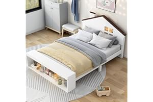 BELLEMAVE Full Platform Bed with LED Lights and Storage, Wood Full Kids Bed with House-Shaped Headboard, Full Size House Bed Frame for Kids Teens Girls Boys,No Box Spring Needed (White)